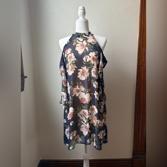 Maurices Floral Cold Shoulder Halter Dress Navy/Pink Tie Sleeve Size M - Picture 3 of 13